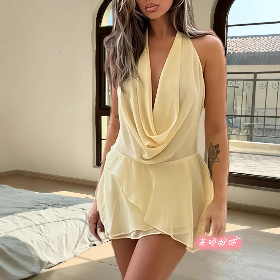 Fashion Purple V Neck Pleated Sleeveless Mini Dress Elegant Lace Up Curling Edge Gowns Female Summer Dinner Party Vestidos 250409