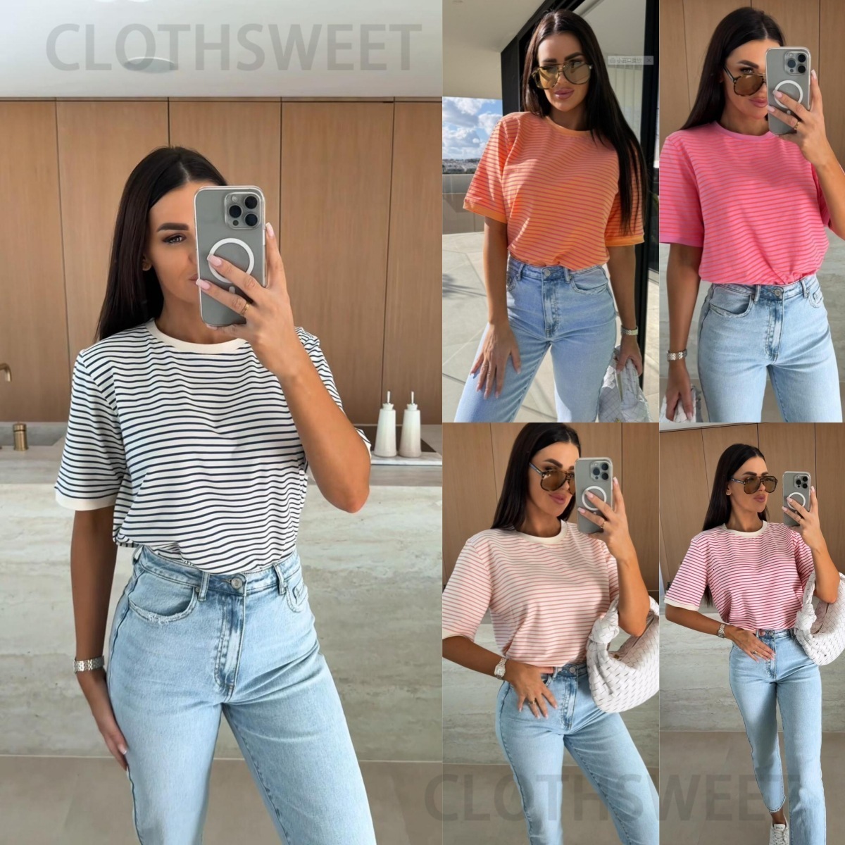 2025 Summer Casual Striped Round Neck Loose Color blocked Short Sleeve Womens T-shirt