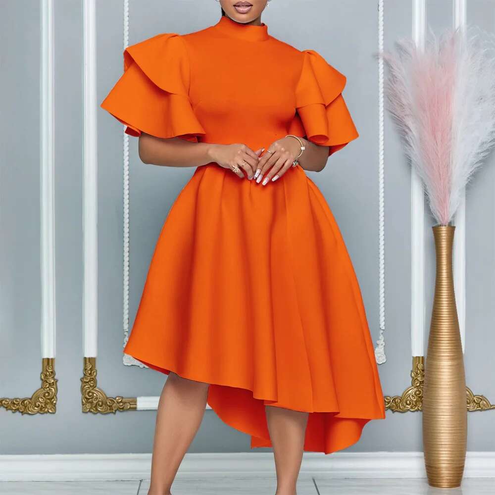 Elegant Party Dresses For Woman 2024 New O Neck Ruffles Sleeve High Waisted Asymmetric Mid Calf Birthday Dinner Vestidos