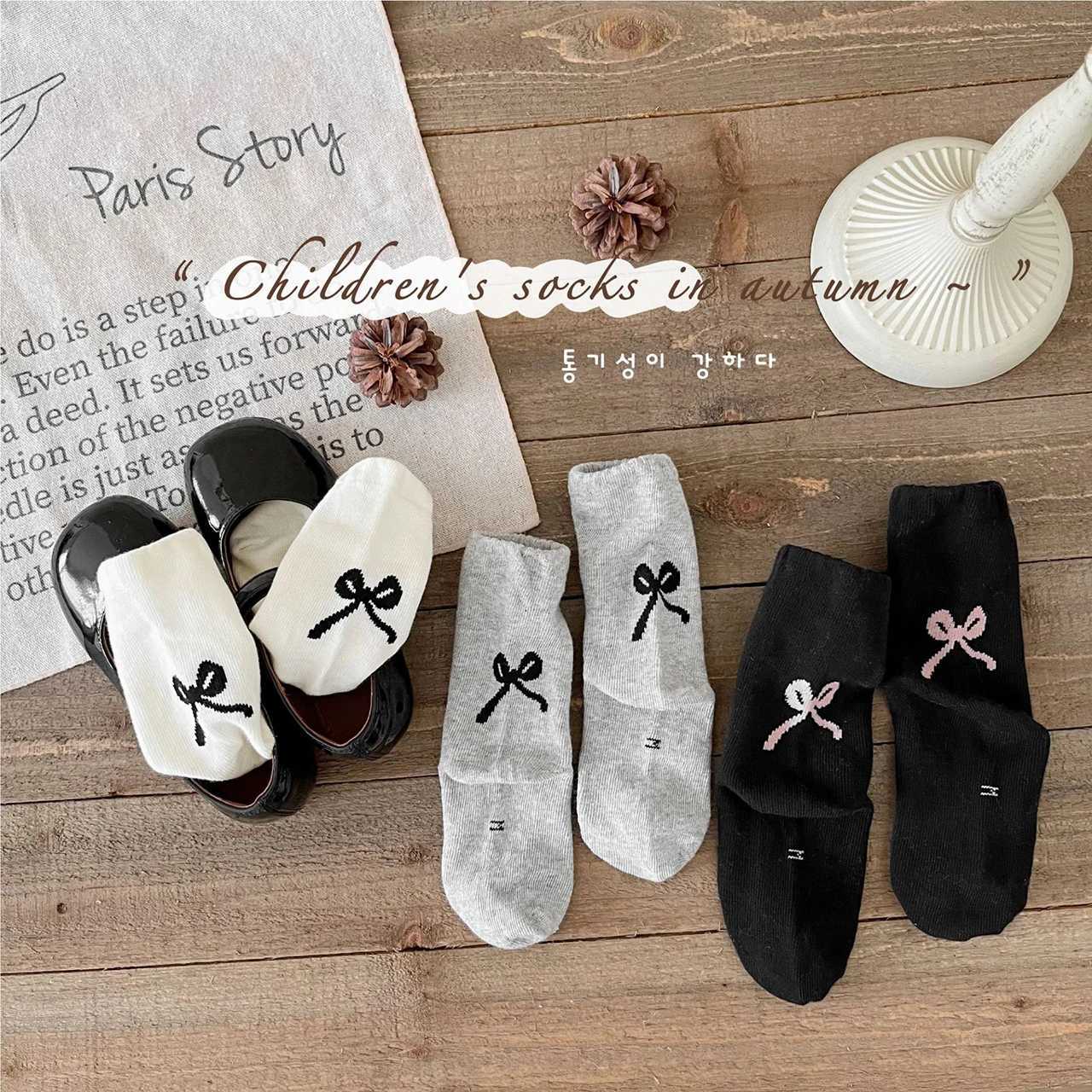 3 Pairs Autumn Winter New Socks for Girl Korean Cute Bow Middle Tube Socks Solid Color Cotton Warm Kids Socks 1-8 Years G251124