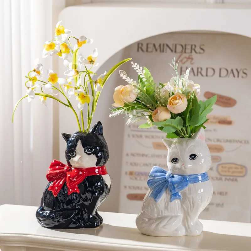 Elegant cat ceramic vase art creative flower arrangement ornament light luxury advanced hydroponics home decoration C251124