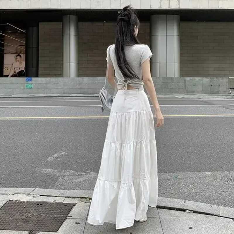 Y2k womens skiing retro high waisted elastic patch work white chic long cake A-line skiing streetwear M250424