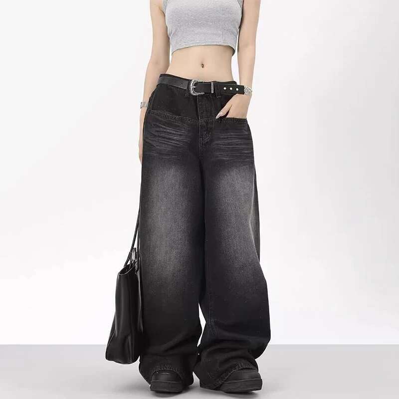 Designer Clothes Oversized Retro Black Wide Leg Pants For Women Chic Y2k Low Waist Baggy Trouser Mens Barrel Jeans Streetwear