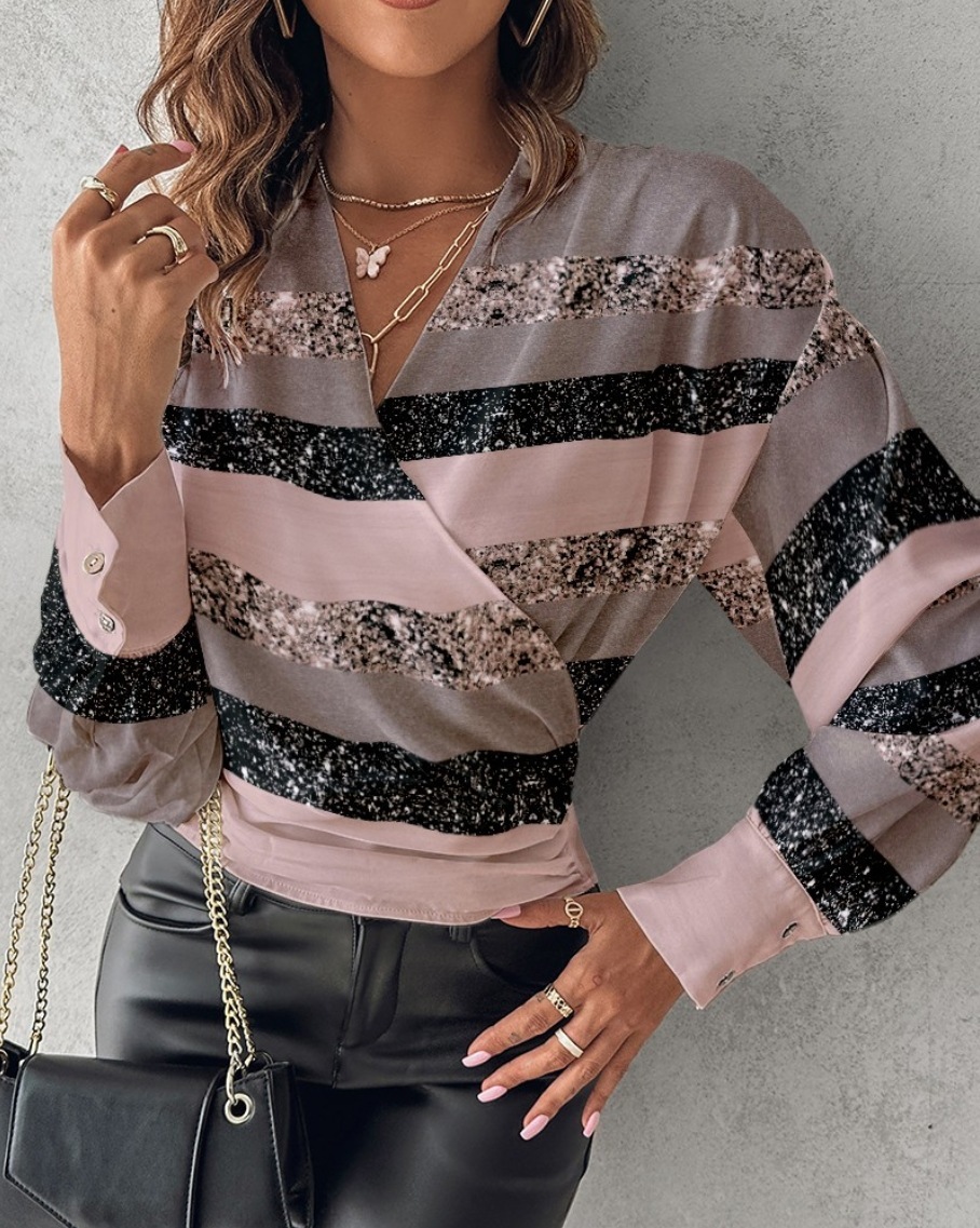2023 Autumn Long sleeved Fashion V-neck Printed Womens Shirt Womens Wear