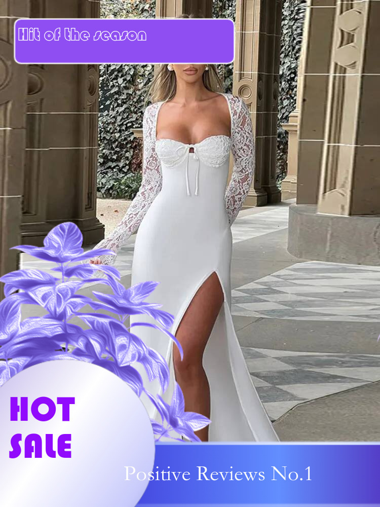 Dongdumaoyi Townlike Lace Patchwork Slim Bodycon Dress Women Strapless Maxi Long Autumn Winter Split Nightclub Sexy Party Dresses