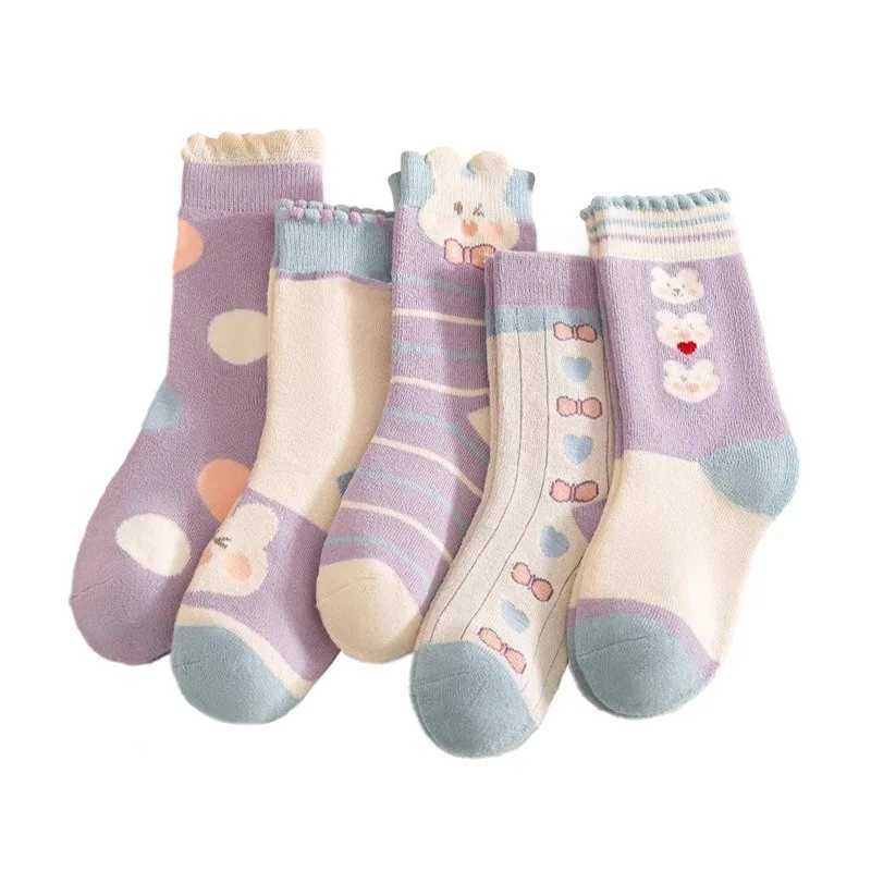 5 Pairs Girls Thick SOCKSCute Bunny CHIldrens SOCKS Winter Warmth Purple Mid Tube SOCKS Autumn/Winter G251124