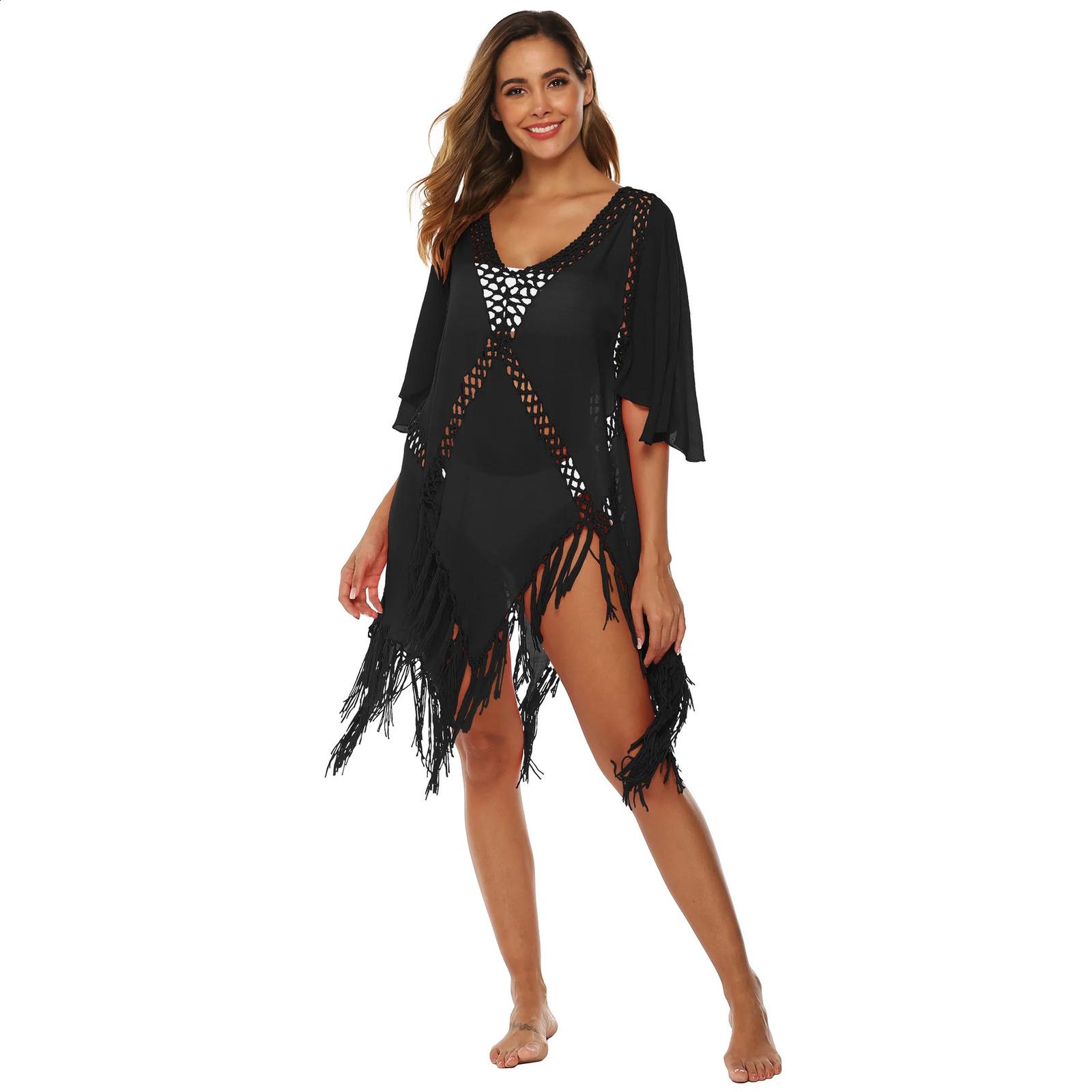 Crochet Bikini backless cover with tassels sexy Vneck camisole beach dress summer swimsuit beachwear 250422