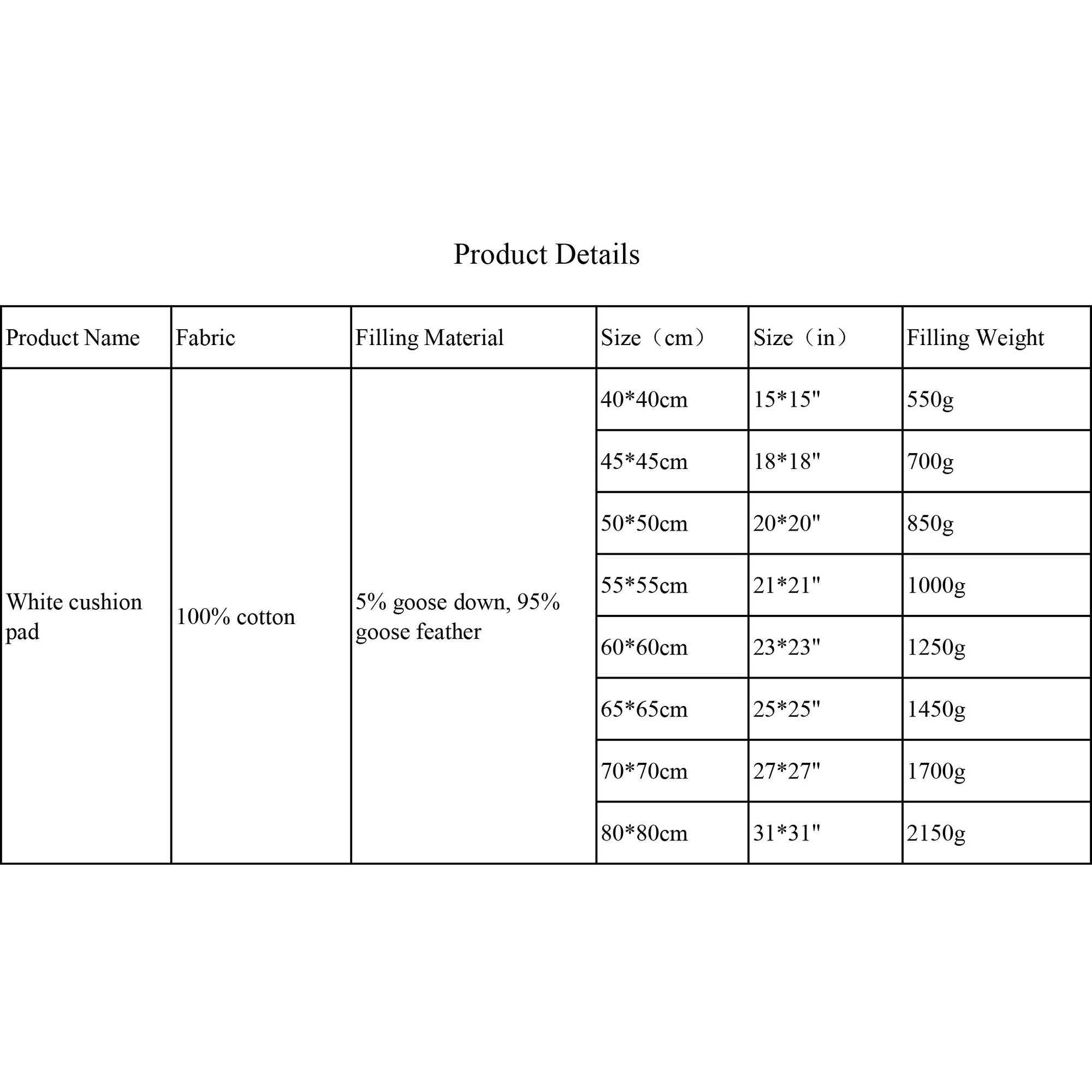 100 Cotton Goose down Feather Square Cushion Pad Filling 45x45cm 50x50cm 60x60cm Decorative Sofa Sitting Pillow Home Decoration G251124