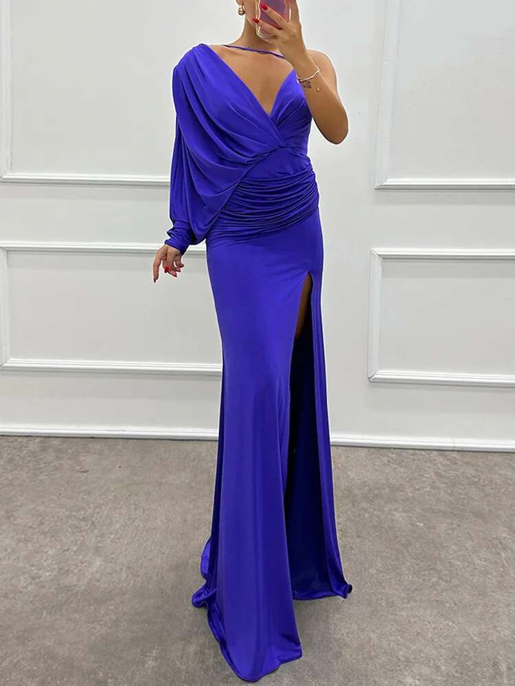 Long Sleeve Simple Spring Autumn Maxi Women Solid Patchwork Fashion Party Dress, Elegant V Neck One Shoulder Ladies Dress