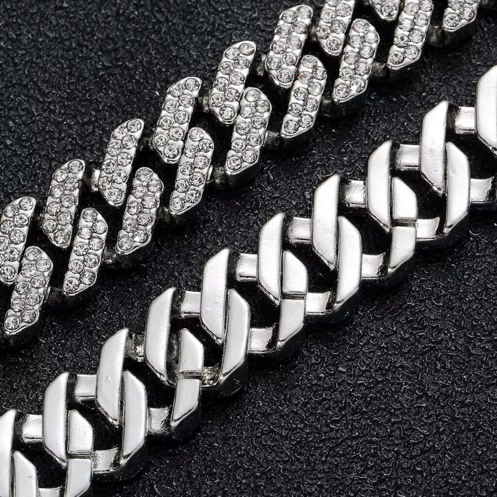 New Hiphop 12mm Pink Cuban Chain Gold Plated Iced Out Rhinestone Zinc Alloy Cuban Link Chain Necklace for Men Fashion Jewelry