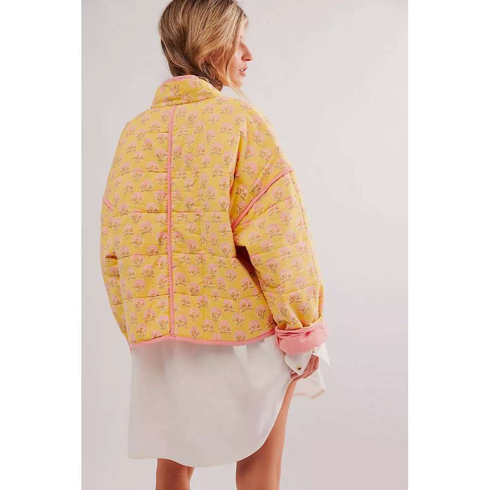 Designer Clothes Print Quilted Cotton Jacket Women Fashion Long Sleeved High Neck Coats Female Single Breasted Loose Coat Autumn New Outerwear