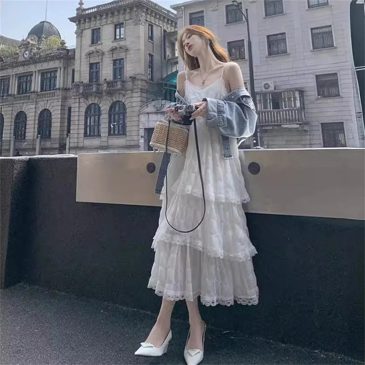Elegant ruffled lace ribbon dress for women in fashion solid sleeveless long dress French sweet girl vest summer holiday dress 250423