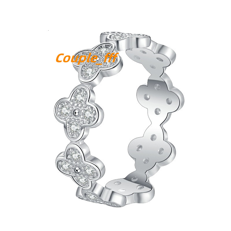 925 Sterling Silver Ring Moissanite Stone Fashion Clover Versatile Ring Plated with Platinum Cross Border Wedding Ring