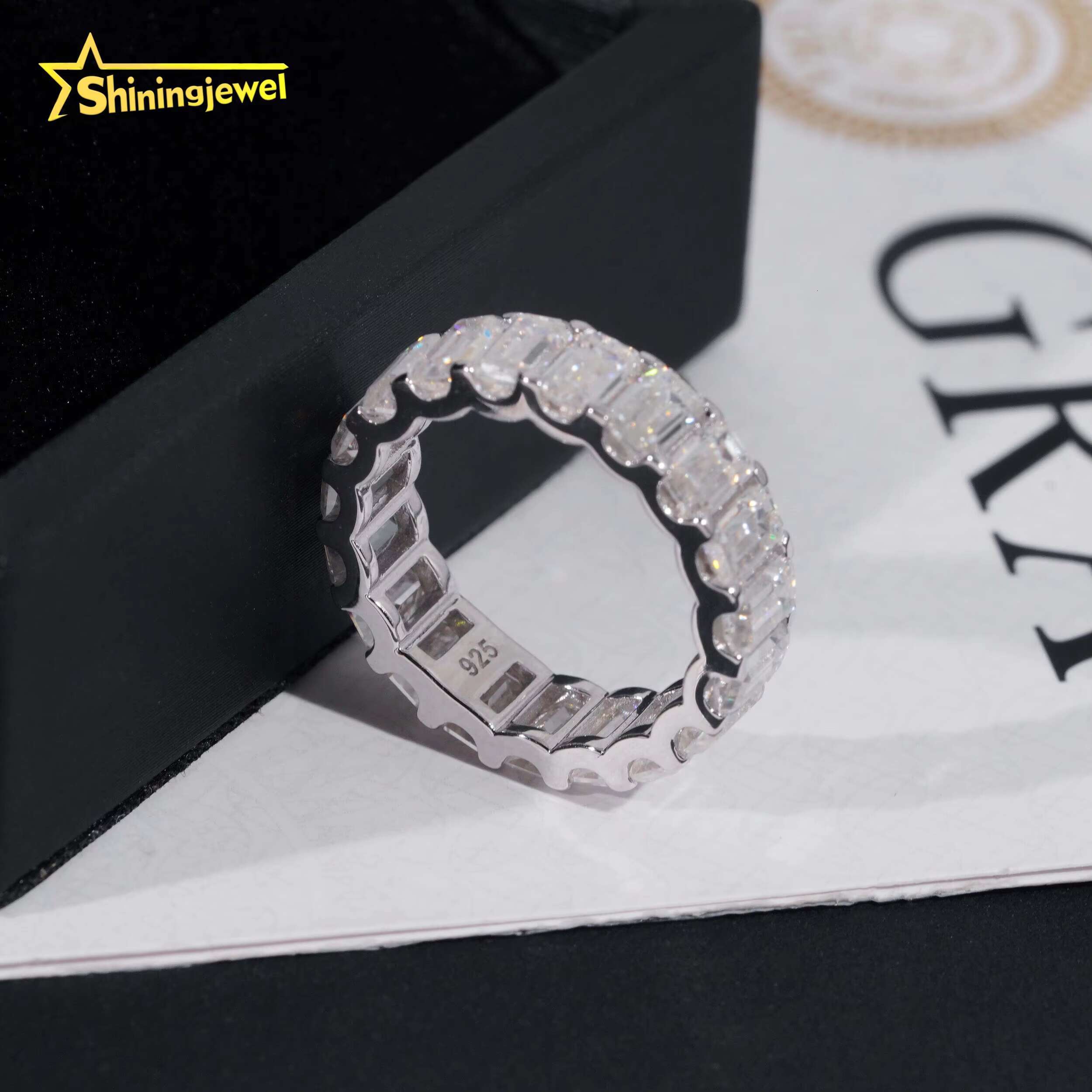3*5MM Emerald Cut Wedding Band Ring Moissanite VVS Pass Diamond Test 925 Sliver Gold Plated Engagement Rings Ready to Ship