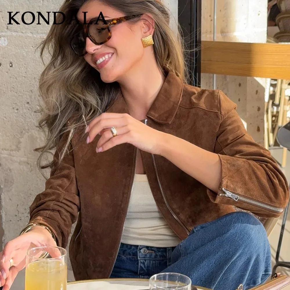 KONDALA 2025 Fall Winter Suede Zip Up Streetwear Women Jackets Fashion Casual Turndown Collar Brown Chic Elegant Ladies 251121