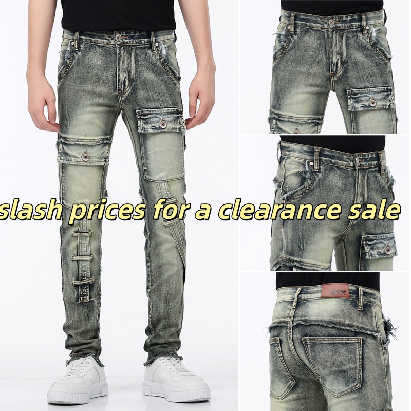 Mertra Men's Jeans Clearance Sale Trendy Brand black jeans Slim Fit Small Foot Elastic baggy jeans Casual Long Pants
