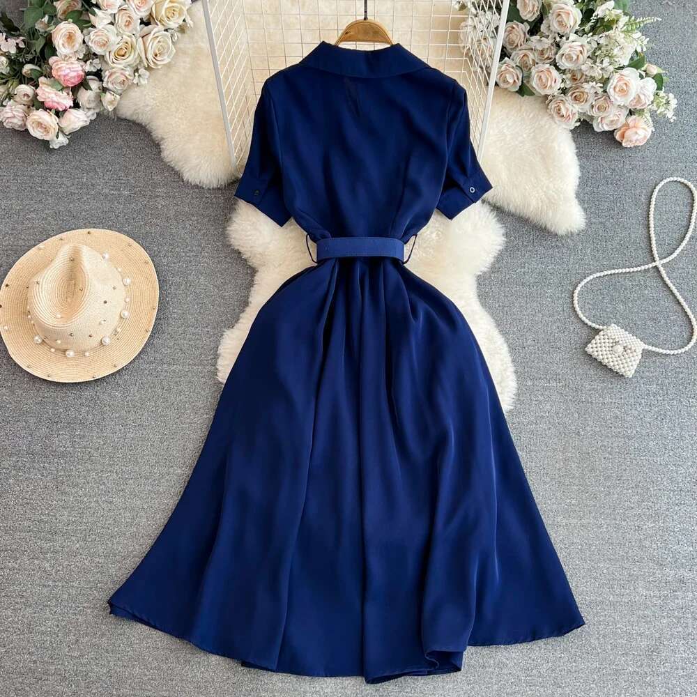 French Chic Summer Dress For Women Turn Down Collar Short Sleeve Belted Female OL Dresses Ladies Long Vestidos Dropshipping