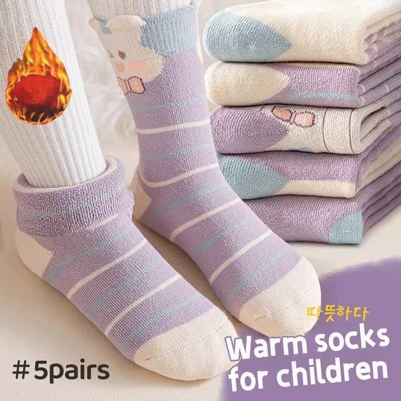 Girls Winter Socks Thick Cotton Warm Socks Little Big Girls Floral Bunny Socks 5 Pairs/bag Baby Calf-length Thermal Terry Socks G251124