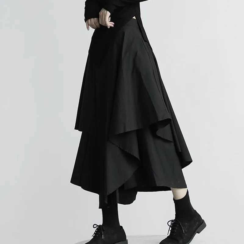 Womens black leather pants Japanese Gothic irregular high waisted pleated leather pants womens retro cargo leather pants womens clothing M250424