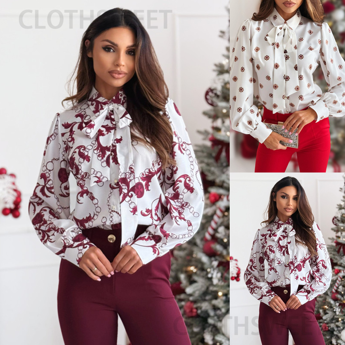 2024 new autumn simple and versatile printed long sleeved bow tie shirt top for women