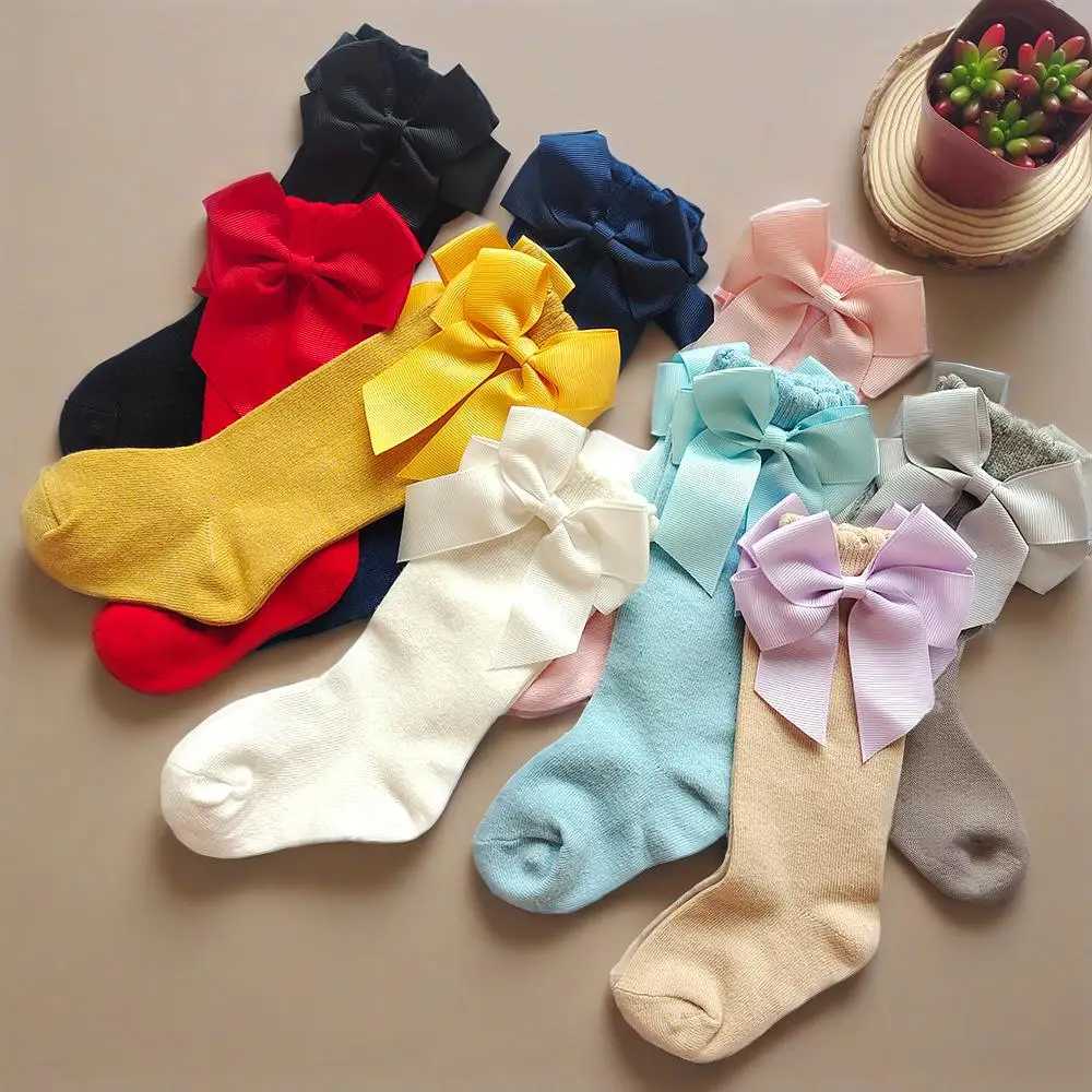New Spring Kids Knee High Socks Baby Girls Long Sock With Bowknot Soft Cotton Solid Children Princess Socken For School G251124