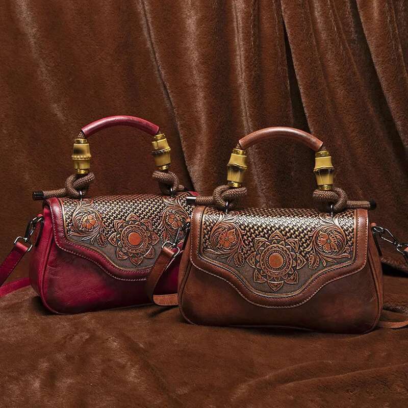 MOTAORA 2025 New Vintage Leather Women's Handbag Bamboo Handle Flap Zip Closure Adjustable Strap | Handmade 3D Eming