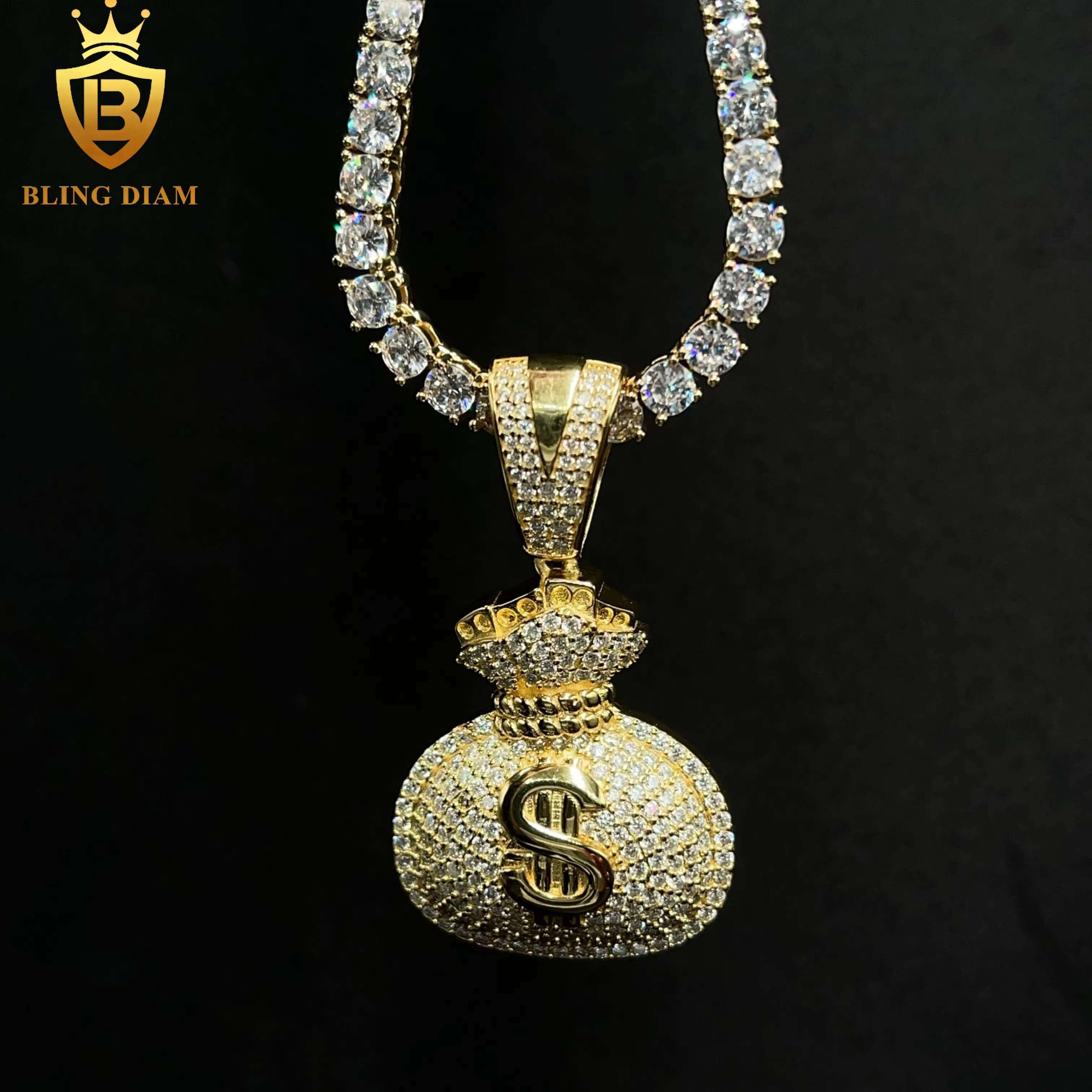 New Fashion Hip Hop Jewelry 925 Sterling Silver VVS Moissanite US Dollar Money Bag Charm Custom Pendants