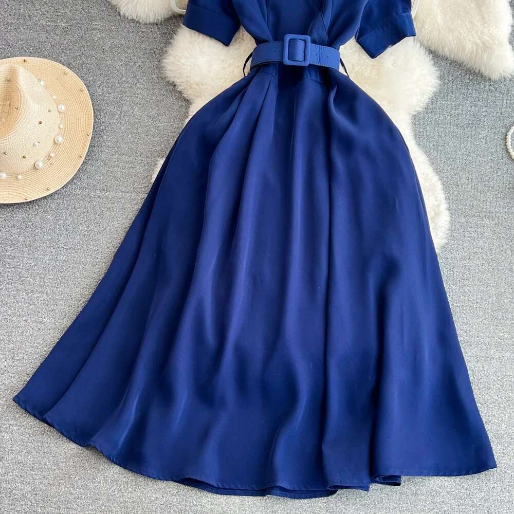 French Chic Summer Dress For Women Turn Down Collar Short Sleeve Belted Female OL Dresses Ladies Long Vestidos Dropshipping