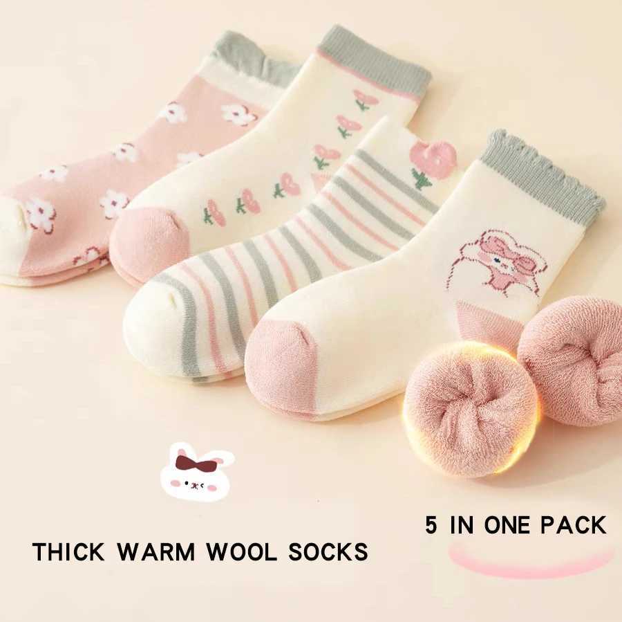 5 Pairs Thickened Fleece Rabbits Pattern Children Girls Warm Socks Lovely Trendy Soft Comfortable Elastic Half Sock for Girls G251124