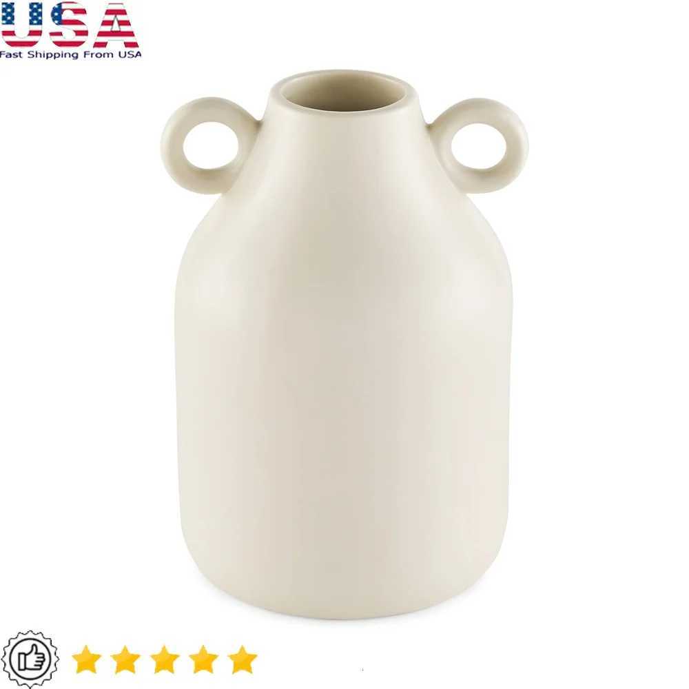 Handcrafted Ivory Ceramic Vase with Handles Decorative Tapered Design Flowers Home Decor Indoor Tabletop Counter Shelf C251124