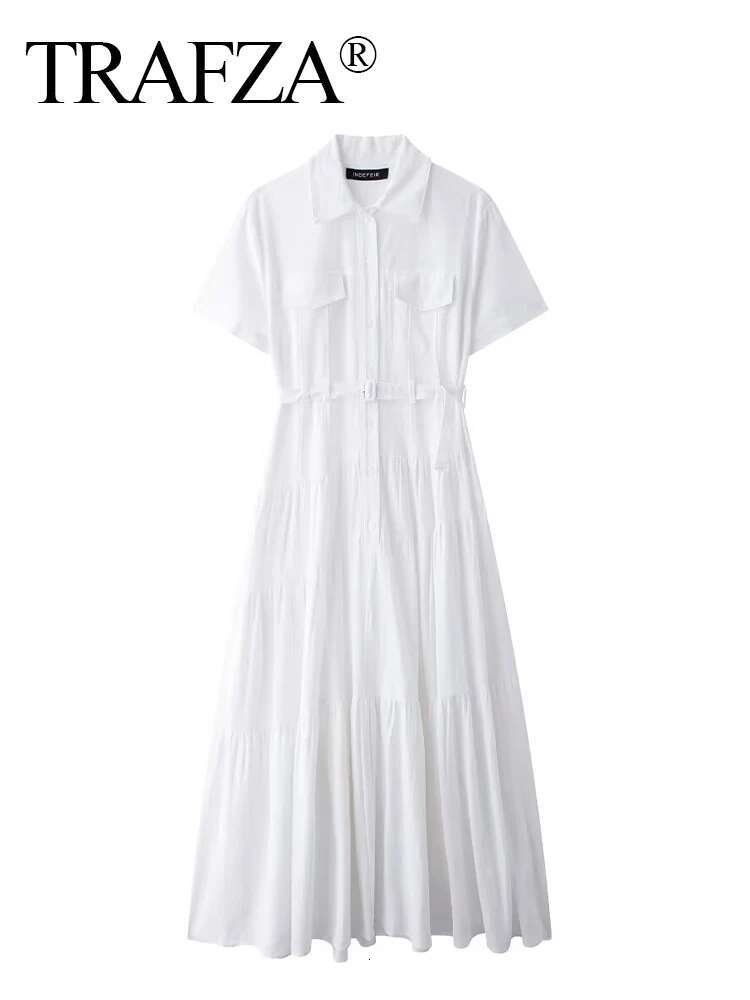 TRAFZA 2024 Female Elegant Long Dresses Solid Turn-Down Collar Short Sleeves Belt Single Breasted Women New Chic Summer Dress