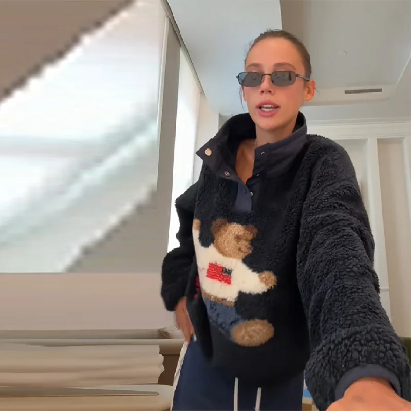 Fall Winter Cartoon Bear Pattern Lamb Jacket For Women Stand Neck Long Sleeve Loose Jacket Lady Warm Thick Streetwears 251120