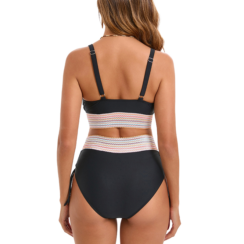 2025 Sexy Women V Neck Bikini Two Piece High Waist Swimsuit Colorblock Bikinis Set Panelled Swimwear Female Biquini Drawstring Beachwear Bathing Suit