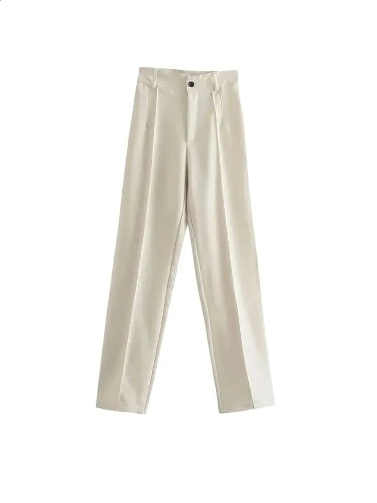 TRZA Women Chic Fashion Office Wear Straight Pants Vintage High Waist Zipper Fly Female Trousers Mujer 250421