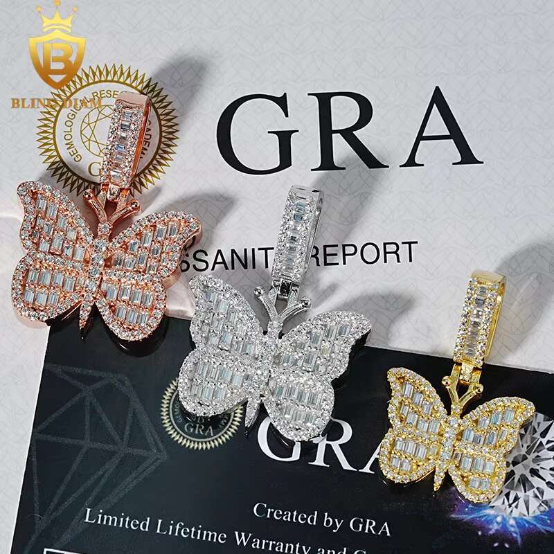 Factory Wholesale Fashion Fine Jewelry 925 Sterling Silver Vvs Moissanite Iced Out Butterfly Charm Pendant Necklace