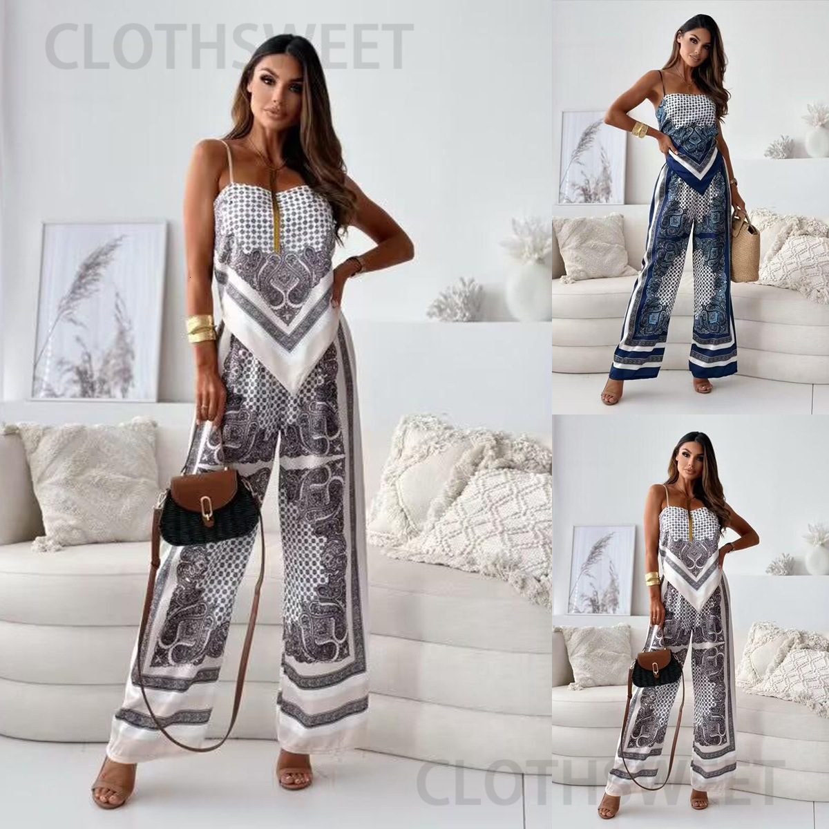2024 New Fashion Printed Strap Wrap Chest+Positioning Flower Pants Set for Womens Wear