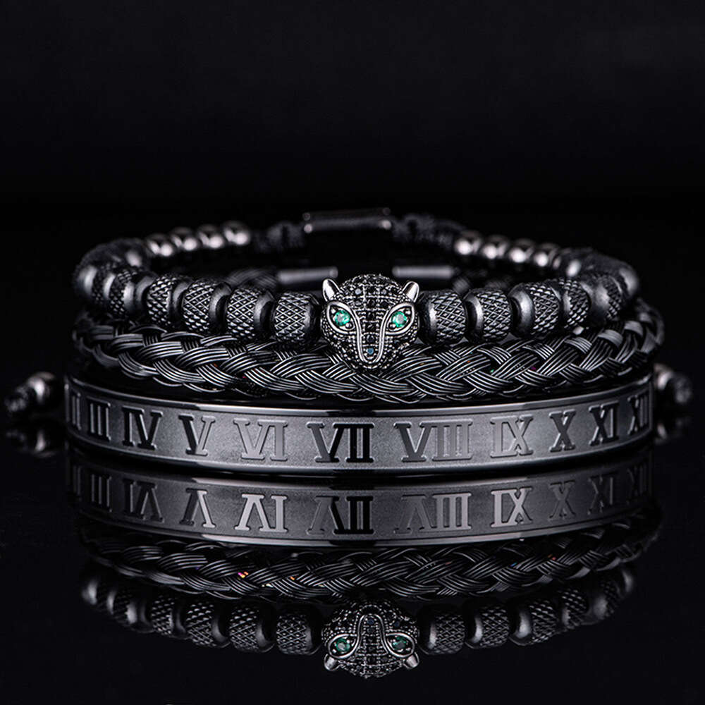 Pineapple beads leopard head zircon woven Fried Dough Twists Roman stainless steel bracelet set