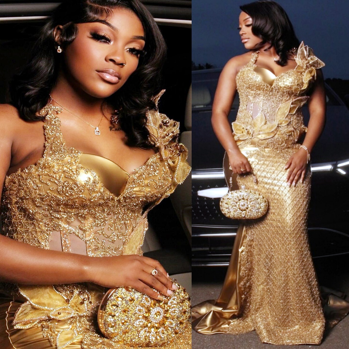 Mermaid Gold Plus Size Prom Dresses 2025 Sparkly Florals Sequined Evening Formal Party Second Birthday Engagement Gowns Dress For Special Occasions ZJ