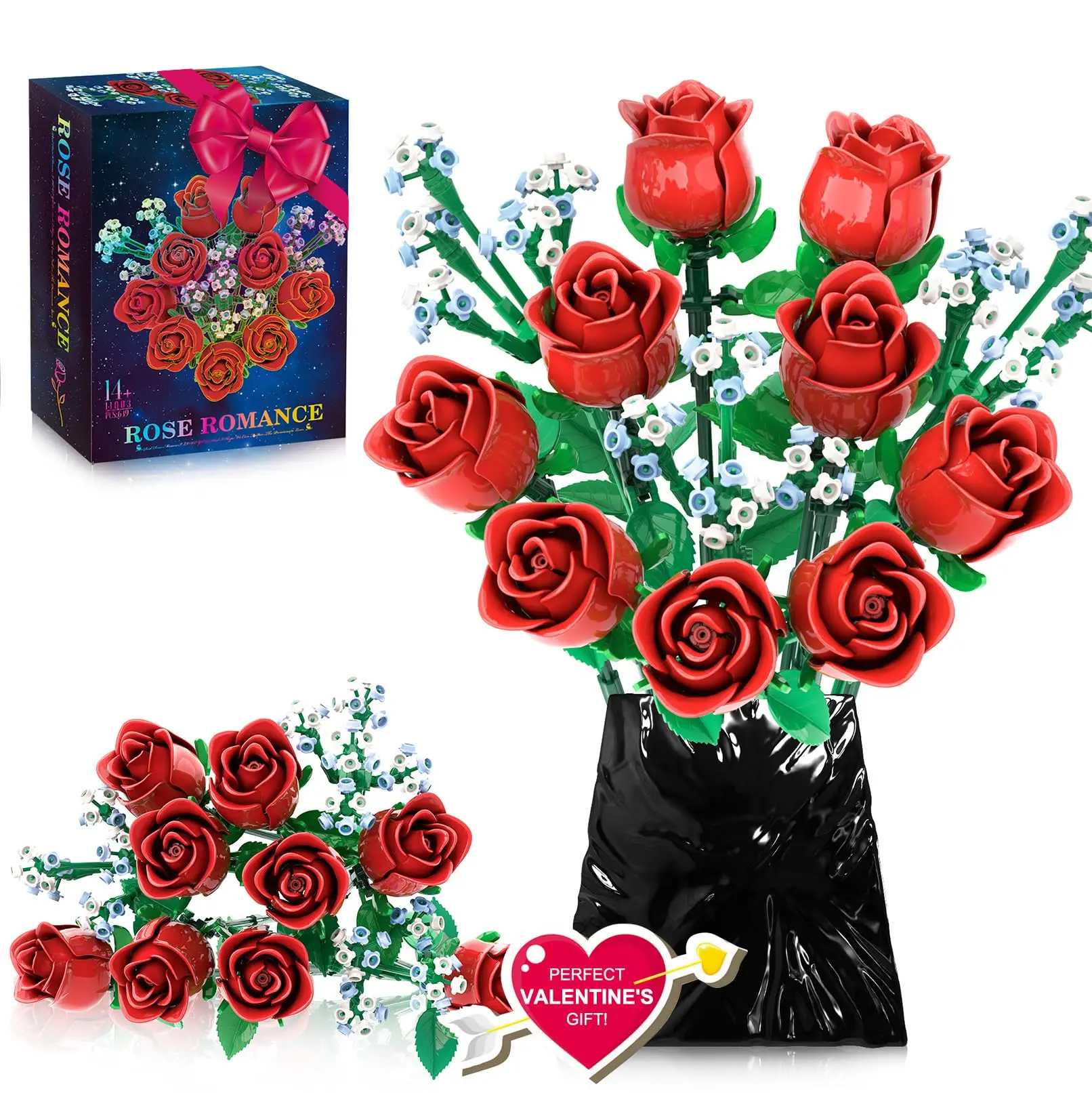 649PCS Romantic Rose Flower Building Blocks Simulated Flower Rose Bouquet Model Bricks Home Decoration Kids DIY Toys Girl Gifts