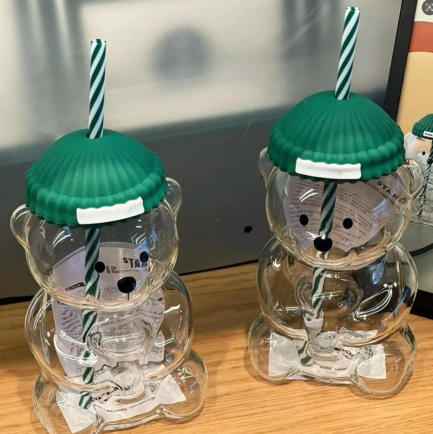 Star bucks Glass Bear Cup With Straw Cute Transparent Tumbler With Hat For Iced Coffee Cold Drink Gift