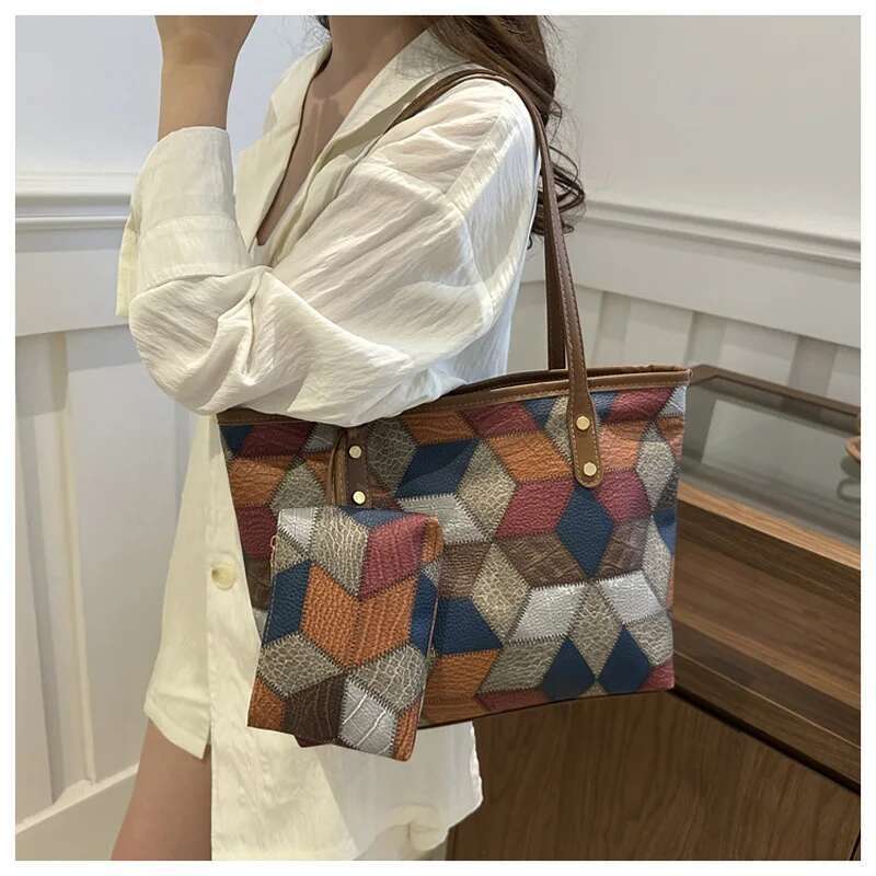 Vintage Patchwork PU Leather Casual Tote Bags For Women, Large Capacity Shoulder Bag Ladies Handbags And Purses