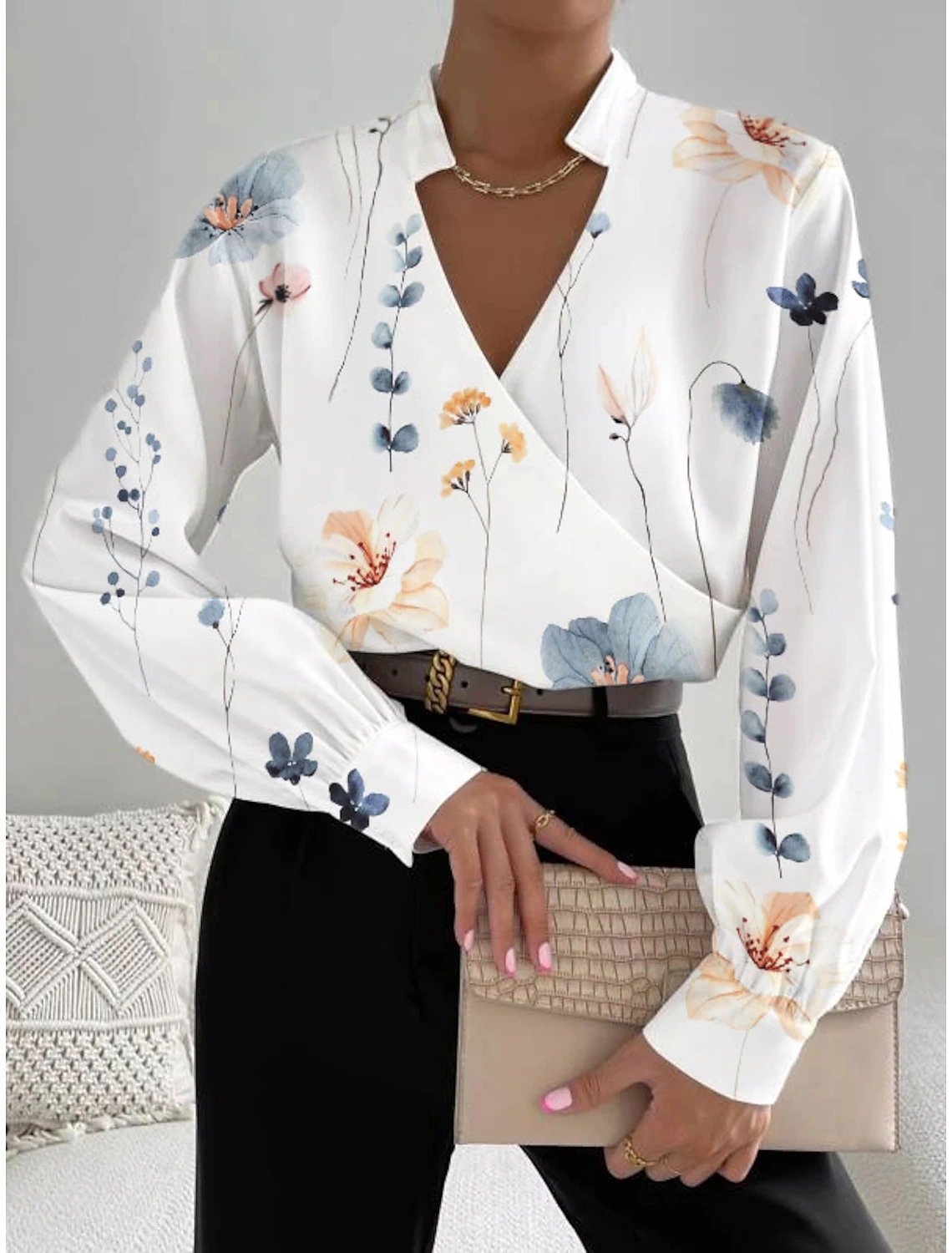 2023 Autumn New Product Long Sleeve V-neck Splicing Shirt for Women