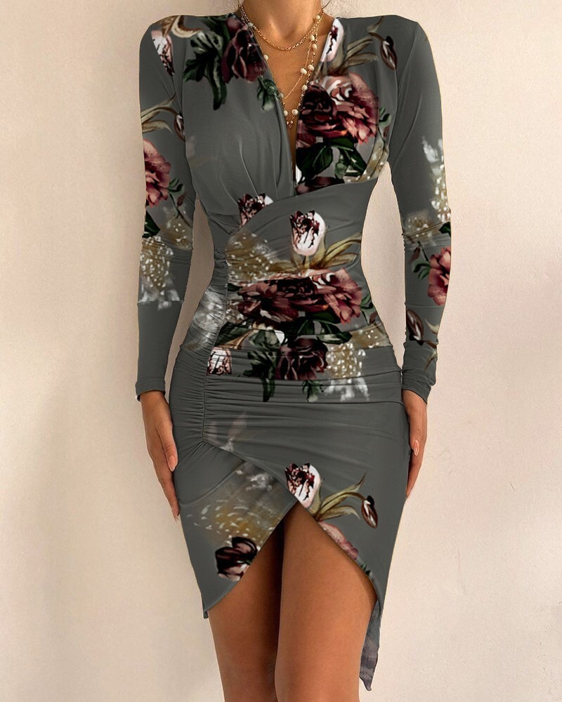 Aw2021 long sleeve V-neck print tight split dress womens wear