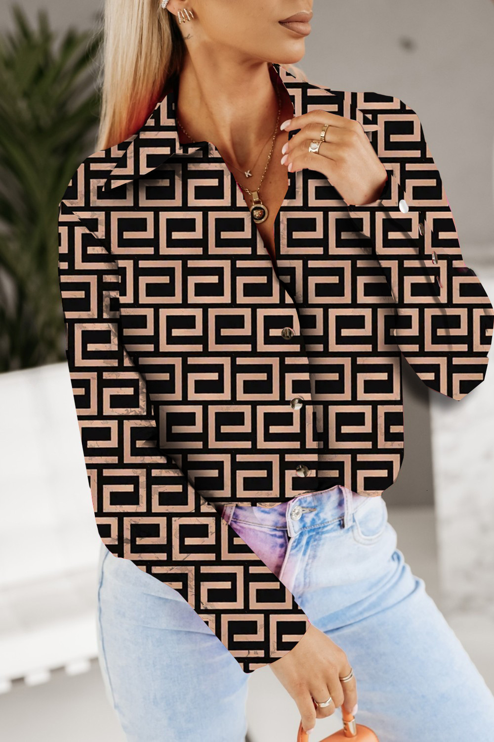 2023 womens spring and autumn top long-sleeved shirt printed shirt woman