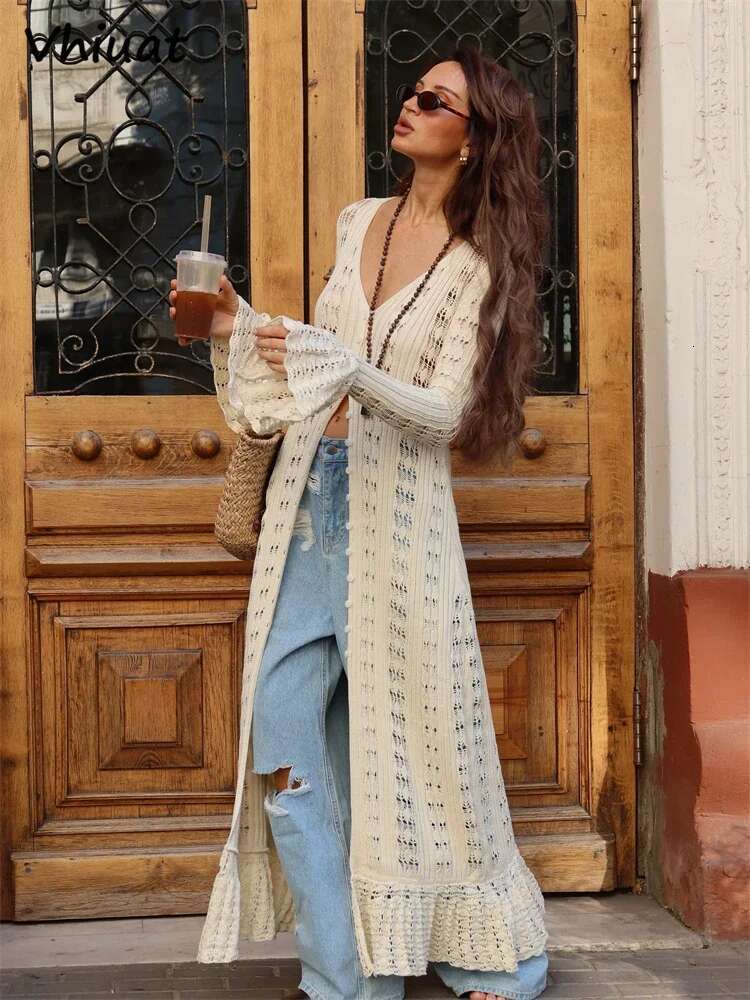 Vhiuat Knitted Sleeve Casual Party Long Flare Dresses For Women Chic Slim Hollow Out Beach Holiday Dress Autumn 2024