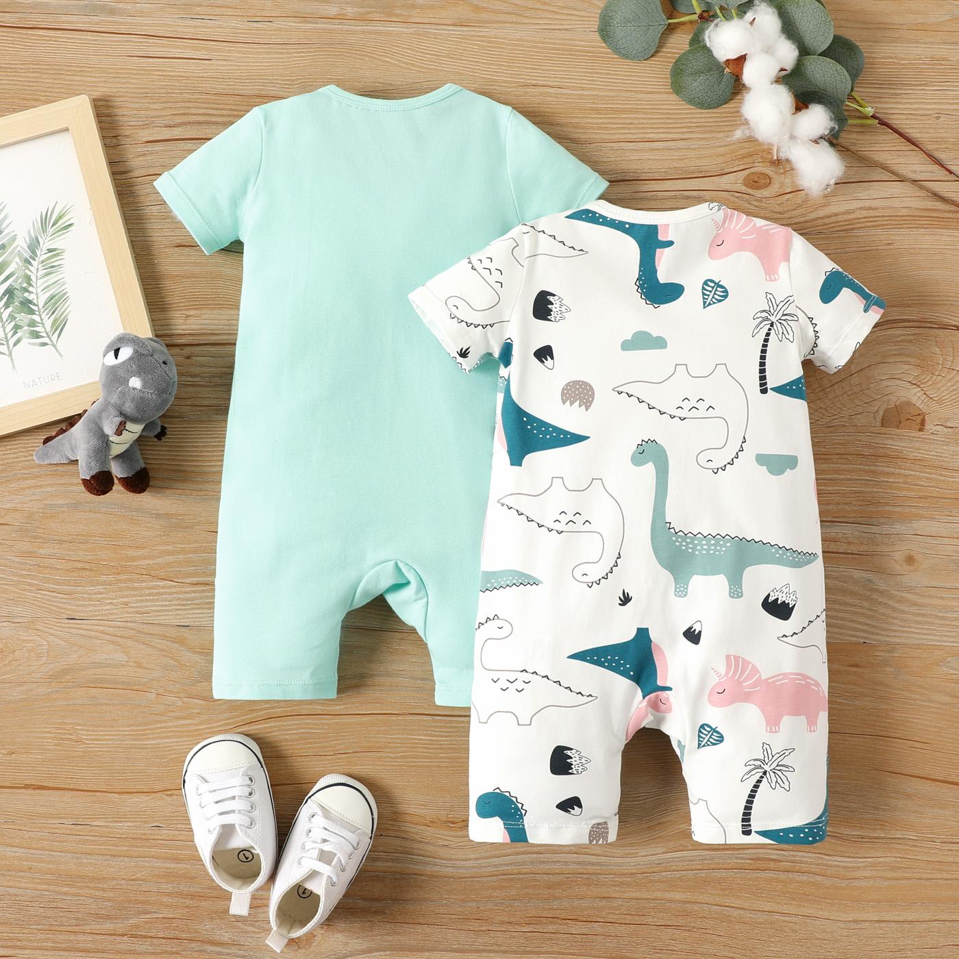 PatPat 2-Pack Baby Boy Cotton Dinosaur Print Short-sleeve Rompers