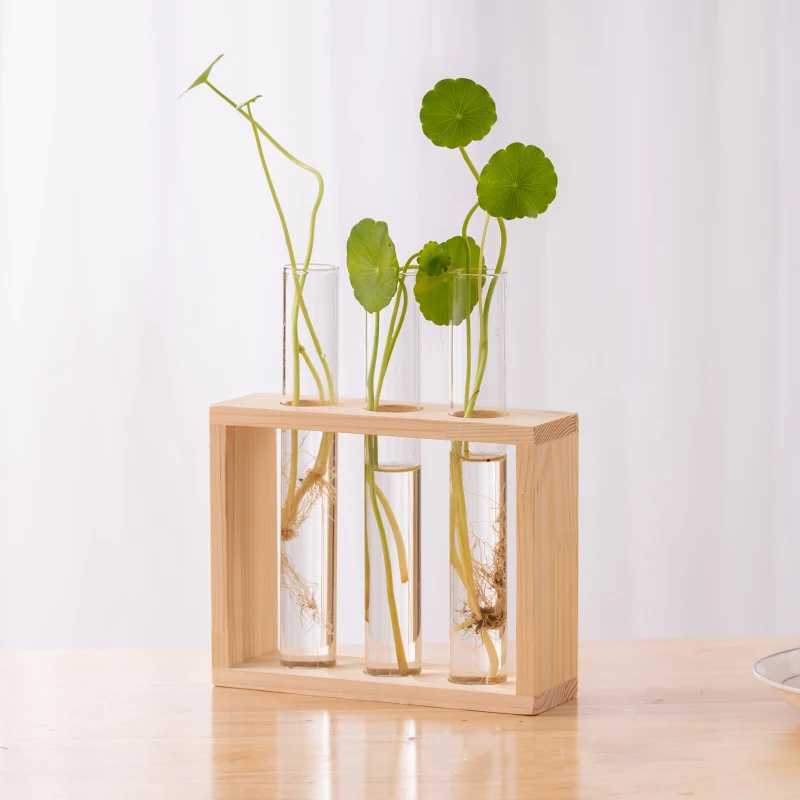 Hydroponic Plants Container with Wood Frame Transparent Glass Test Tube Vase Flower Pot Home Tabletop Bonsai Decorations Crafts C251124