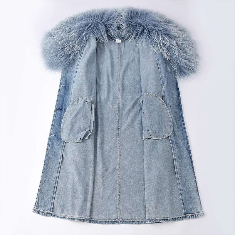 Lady Fashion Mongolian Denim Jacket Spring Autumn Long Trench Coat With Fur Detachable Collar