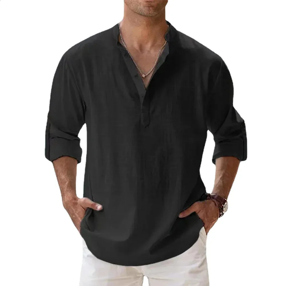 Cotton and linen selling mens short sleeved summer solid color Henry collar casual beach style Hawaii vacation 250420