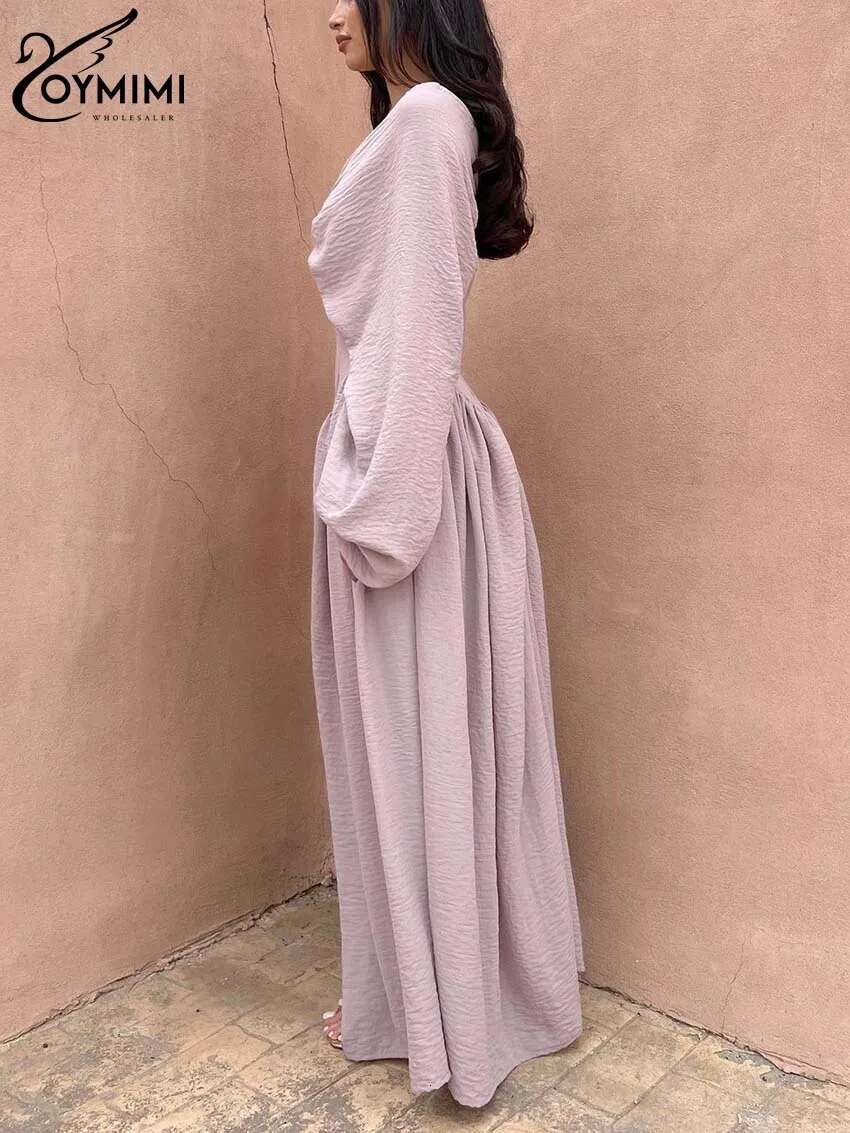 Oymimi Fashion Pink Loose Women's Elegant V-Neck Long Sleeve Solid Dresses Spring Casual Pleated Floor-Length Dress Female